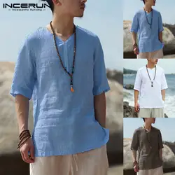 Китайский Стиль Для мужчин рубашки Половина рукавом V шеи сплошной Свободная рубашка Camisa Hombre сорочка Для мужчин одежда пуловеры с молнией