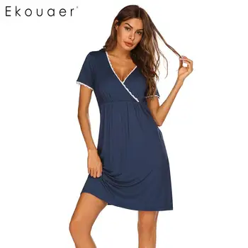 

Ekouaer Women V-Neck Nightdress Sleepshirts Short Sleeve Lace Patchwork Maternity Night Dress Female Sleepwear Dress