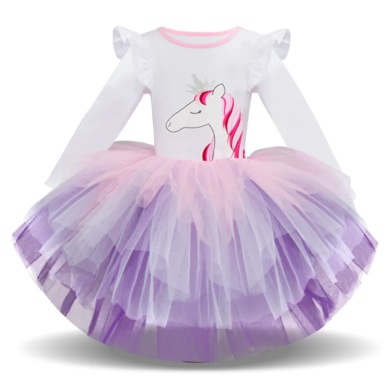 

2019 Winter New Style Korean-Style Unicorn Children Dress Mesh Princess Long Sleeve Dress Tutu Foreign Trade