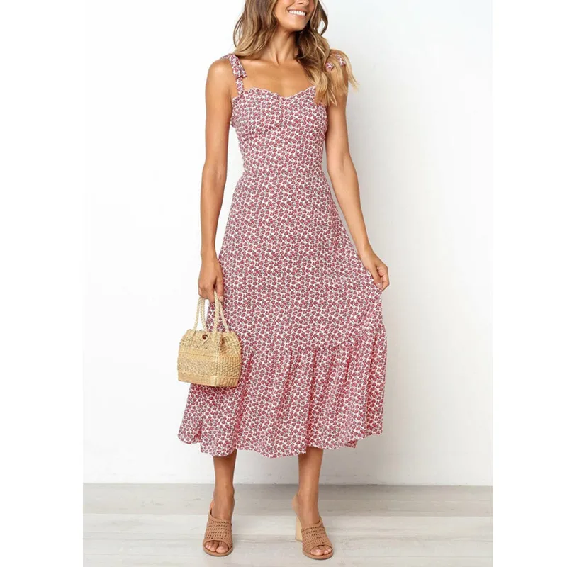 

Summer Women Mid-Carlf Length Floral Print Dress Sleeveless Cotton Women Floral Maxi Ladies Loose Sweet Casual Swing Sun Dress