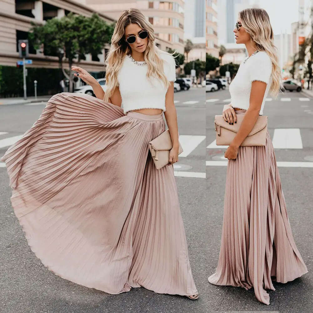 

Women Boho Chiffon Long Maxi Dress Lady Beach Skater Pleated Long Skirt Pleated Sundress Skirt Solid Comfort Pleated Skirts