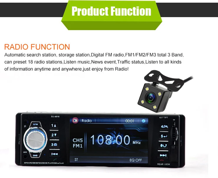 

4.1 Inch 1 Din Car Video MP5 Player Car Multimidia Radio Bluetooth HD LCD Display Car Audio Support USB TF Card Rear View Camera