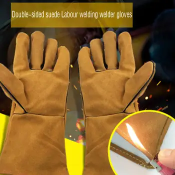

Brown Cowhide Welding Gloves Wear-Resistant Fireplace Gloves Heavy Duty Safety Heat Insulation Protective Barbecue Gloves