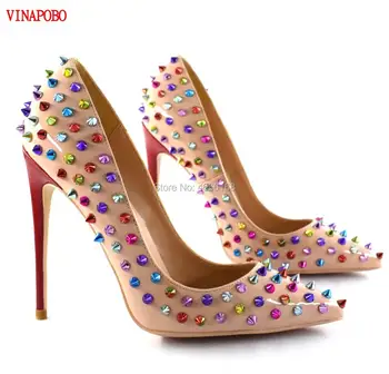 

Nude Color Woman high heel colorful Rivet Pointed Toe Sexy Pumps Thin heel female dress shoes stiletto heels party Wedding shoes