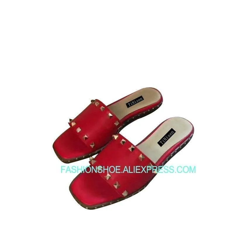 

genuine leather sandals women flat sandals woman shoes summer 2019 Slip-On Rivet Fashion high quality slippers