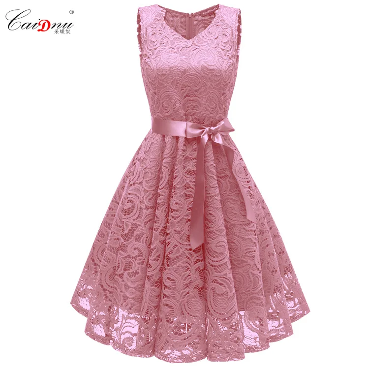 

Fashion Women Elegant Sweet Hallow Out Lace Dress Sexy Party Princess Slim Summer Dresses Vestidos Red Blue V-neck Lace Dress