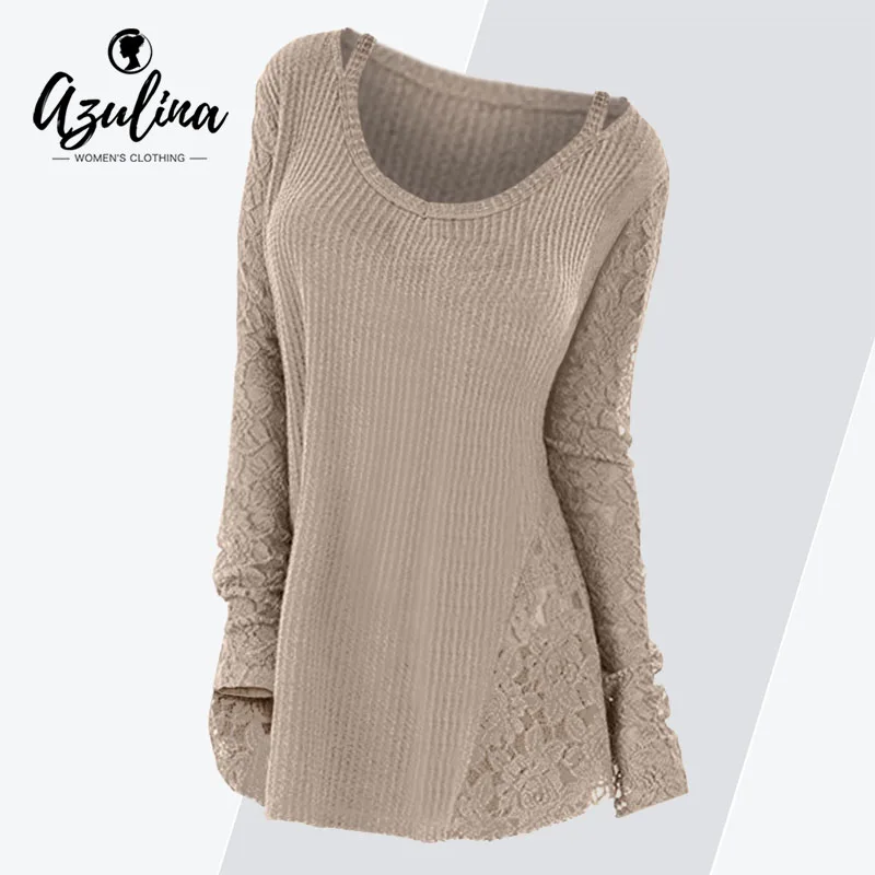 AZULINA Plus Size Long Sleeves Lace Panel Cutout Women T-Shirt Fall Spring O Neck Long T Shirt Ladies Tops Tees Female Pullovers