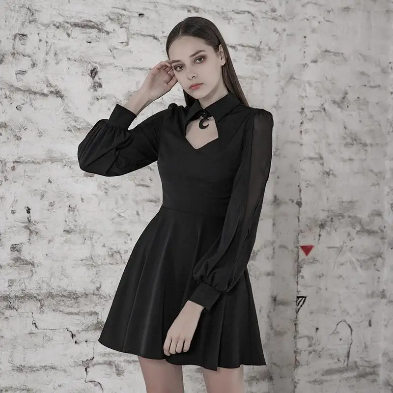 

Punk Rave Women's Goth Hollow Out Chiffon Black Little Dress PQ490LQ