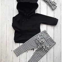 Американский комплект одежды для новорожденных и маленьких девочек, топ с капюшоном+ клетчатые штаны с оборками
