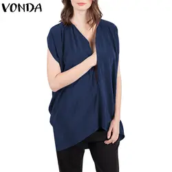 VONDA Для женщин блузки 2018 г. летние женские пикантные без рукавов с v-образным вырезом на молнии Повседневное свободные однотонные рубашки