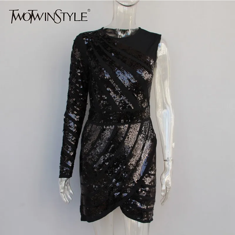 

TWOTWINSTYLE Sexy One Sleeve Dress Female O Neck High Waist Long Sleeve Patchwork Sequins Womens Dresses 2019 Spring Fashion