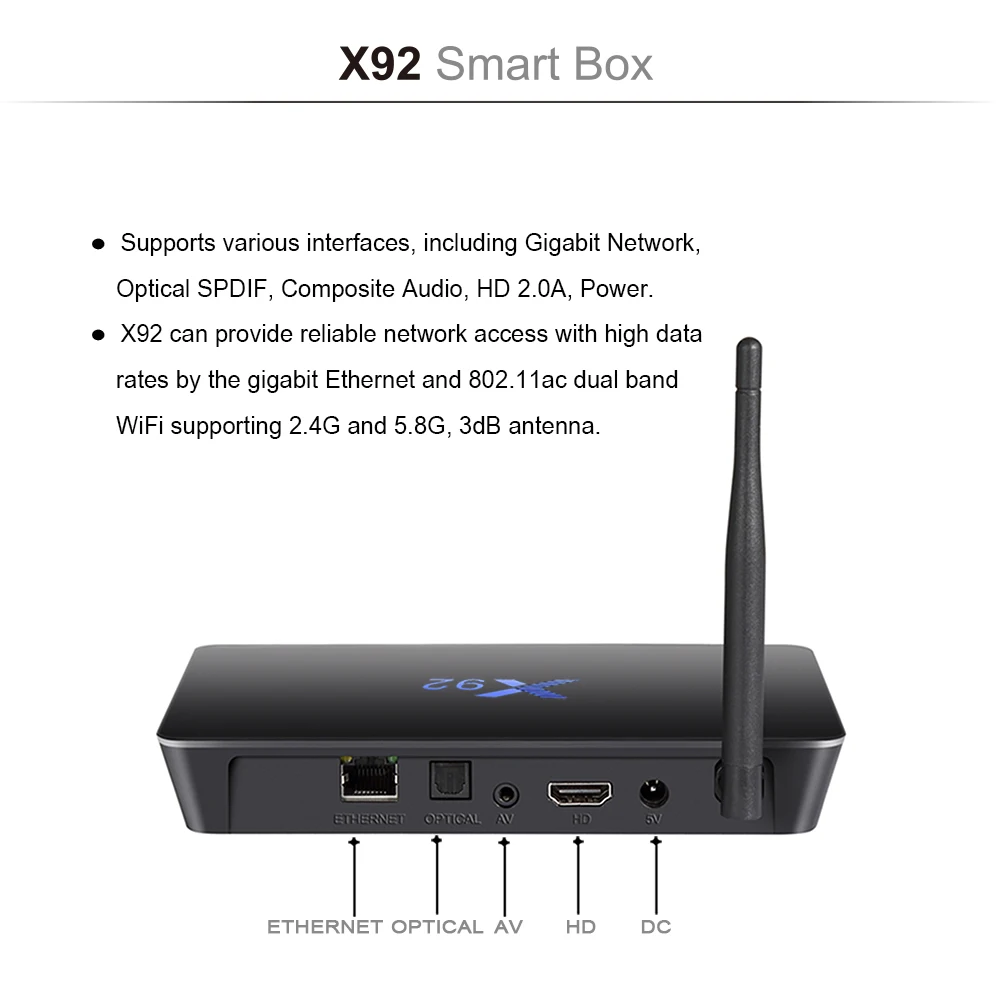 X92 Android 6.0 TV Box Amlogic S912 Octa-core 2.4GHz/5.8GHz WiFi HD 2.0a Smart TV Box 2G/3G 16G/32G Set Top Box Media Player