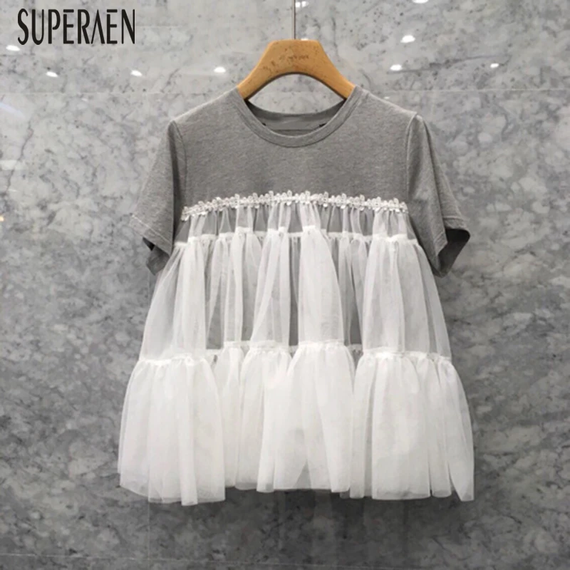 

SuperAen 2019 Spring and Summer New Women T Shirt Wild Fashion Casual Mesh Stitching T-shirt Female Short-sleeved Cotton Tops