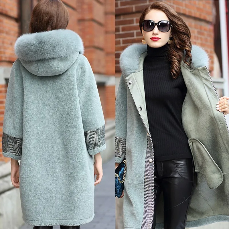 Пальто из настоящей шерсти с бусинами, длинная куртка из короткой овечьей шерсти, женские толстые теплые зимние пальто, натуральный Лисий мех, верхняя одежда с капюшоном, Okd695