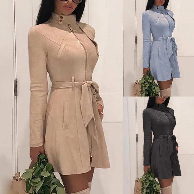 

Fashion Design Women High Neck Winter Long Sleeve Casual Ladies Faux Leather Slim Tops Coat Jacket With Belts Zip Up Outwear