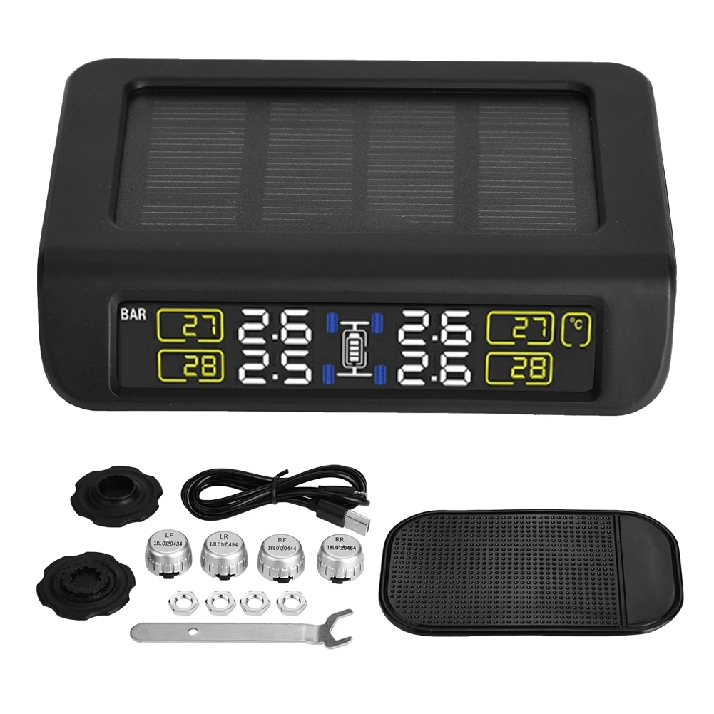 

Car Solar and mini USB Interface TPMS Tire Pressure Monitor System Alarm with 4 External Waterproof Sensors Car Accessories