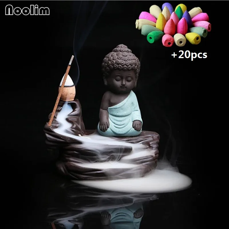 

Backflow Incense Burner Ceramic Little Monk Stick Incense Holder Home Decor Aromatherapy Buddha Censer + 20Pcs Incense Cones