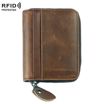 

Mens Wallet Genuine Cow Leather RFID Blocking Credit Card Holder Vintage Front Pocket Wallet Zipper Business Card Bag