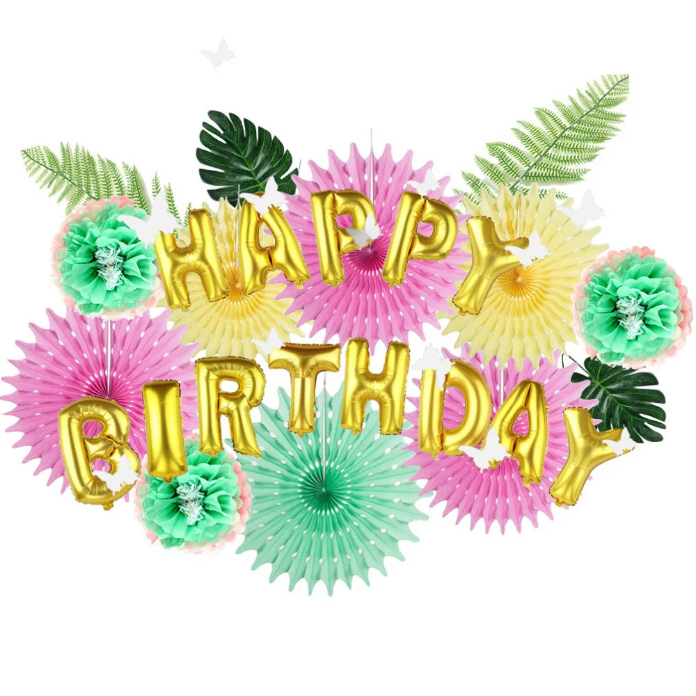 

Summer Birthday Theme Decoration Tropical Plants Leaf Pompom Flower Tropical Decorations Happy Birthday Hawaiian Party Supplies