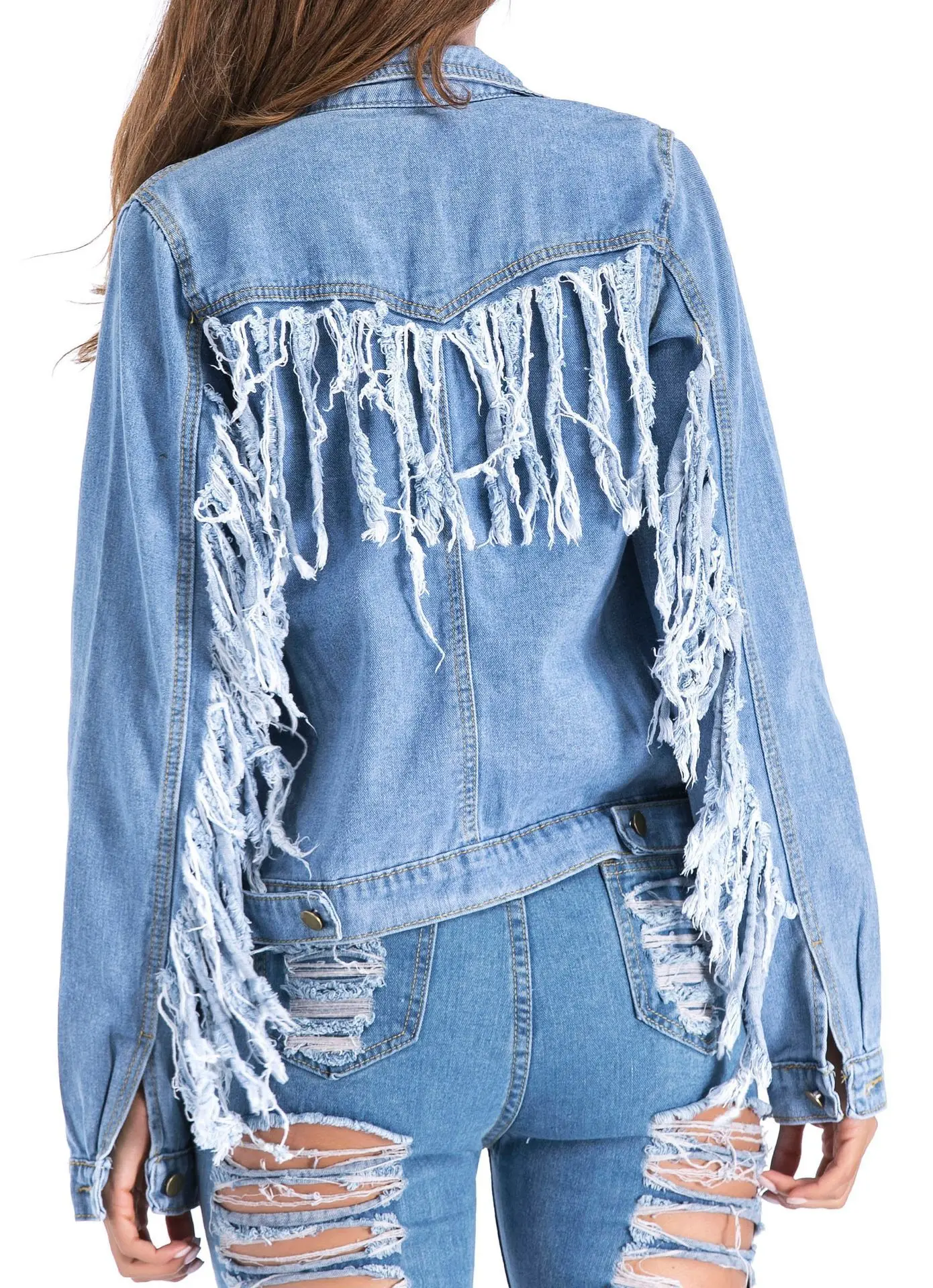 2019 Women Back Tassel Denim Coats and Jackets Long Sleeve Single Breasted Casual Jeans Jacket Causal Streetwear Plus Size 5XL