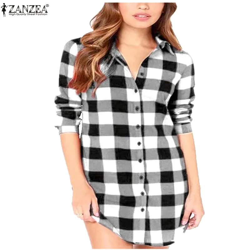 Zanzea, женские клетчатые блузы, рубашки с отложным воротником, однобортные Длинные Топы, повседневные свободные рубашки, блузы, плюс размер, S-6XL