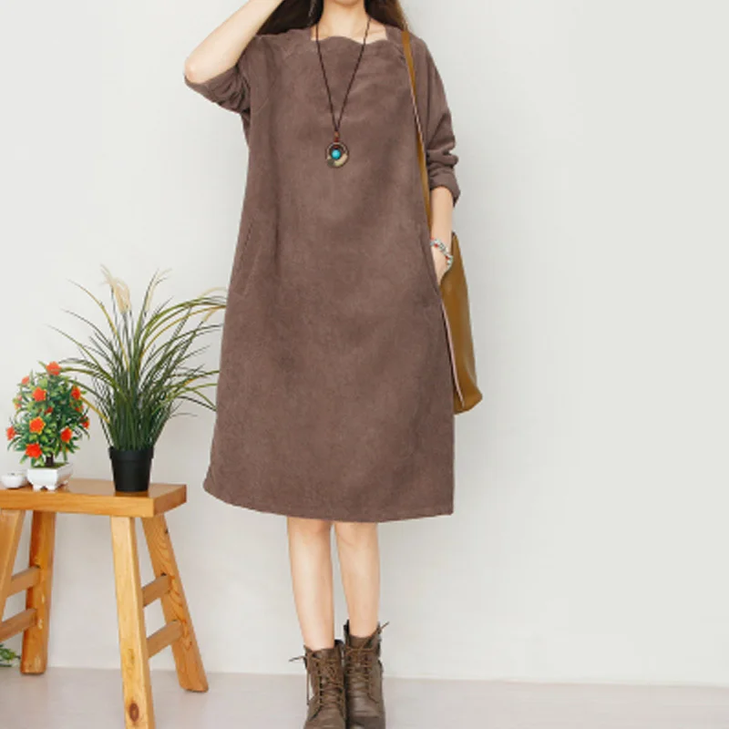 

Spring Women Vintage Corduroy Dress Long-sleeve Square Collar Loose Knee-length Dresses Female Plus size Overall Sundress DXR07