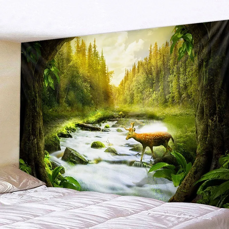 

Tapestry Tree Forest Fawn Crossing The River Carpet Bohemian Wall Hanging 200x150cm Decor Livingroom