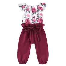 Детская летняя одежда милый Малыш Дети девочка цветок из текстиля ремень комбинезон наряд с рюшами Sleevel Sunsuit От 1 до 6 лет