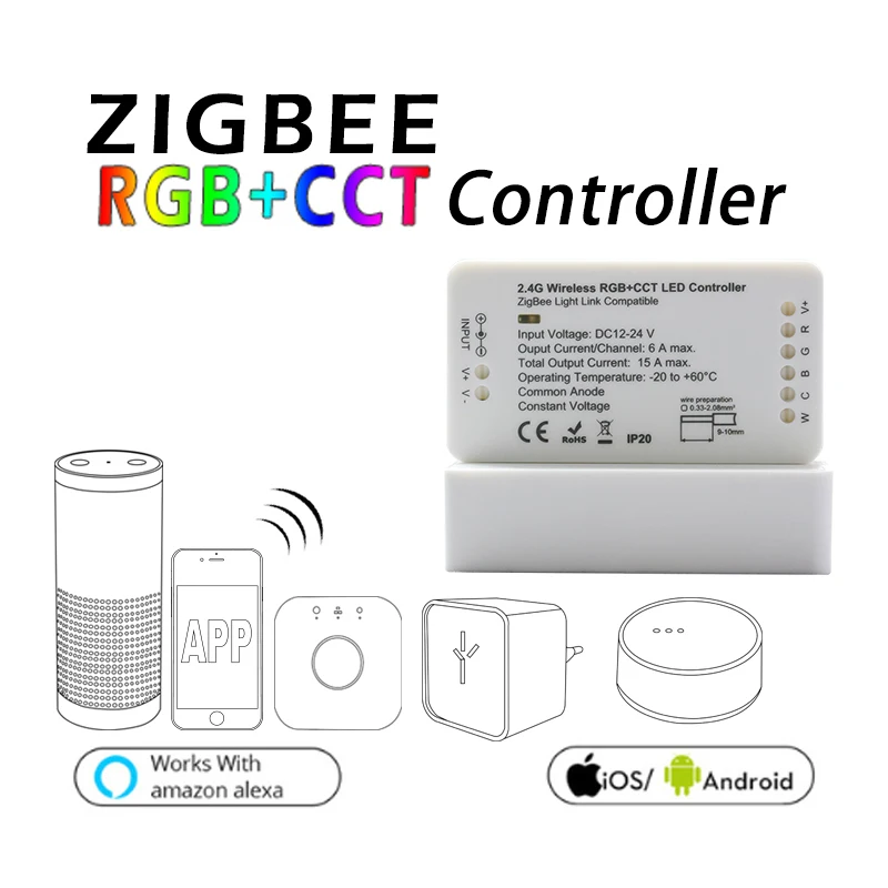 ZIGBEE ZLL умный RGBCCT контрольный Лер, DC12/24 V, управление приложением двойной белый и цвет, цвет и яркость регулируемые, для светодиодной ленты