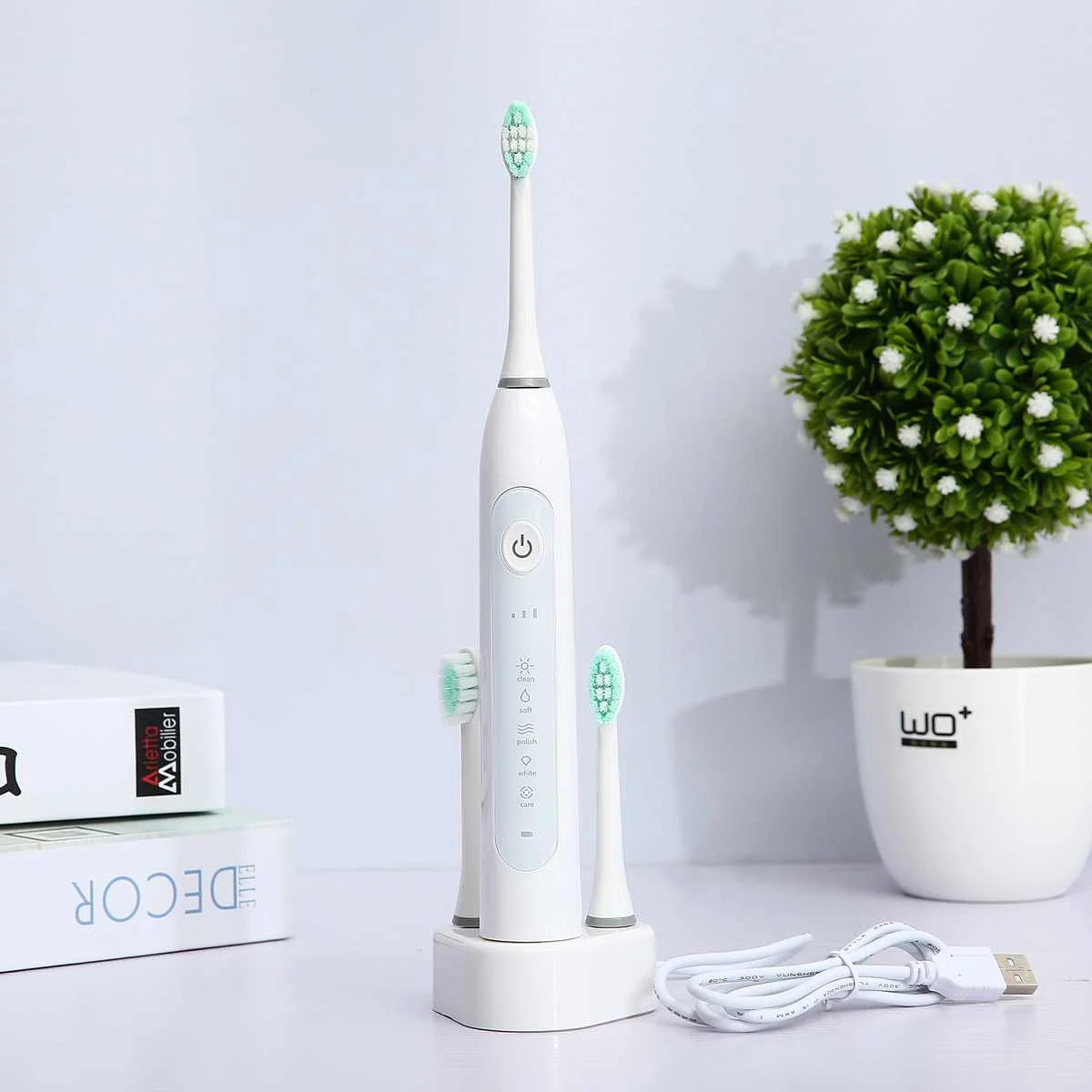 

Smart Electric Toothbrush + 3 Tooth Heads + USB Charging Base Rechargeable IPX7 Waterproof 5 Working Modes Timer