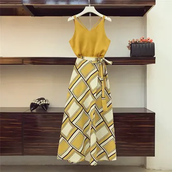 

Boho Skirts Suit Women Summer Solid V Neck Camis Vest Top High Waist Split Skirt Sexy Printing Two-piece Sets