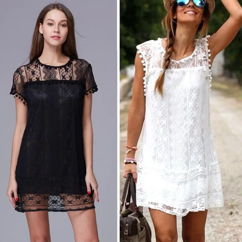

Hot Fashion New Women Mini Dress Cute Hairball Lace Dress Pure Color Female Women Summer Dress