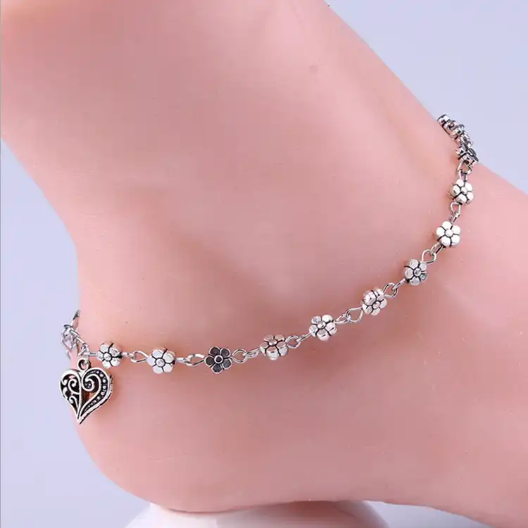 Tibetan Silver Plated Daisy Chain Flower Anklet//Ankle Bracelet With Heart Charm