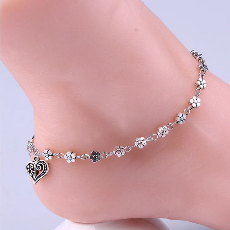 New Fashion Foot Chain Tibetan Silver Hollow Plum Daisy Flowers Heart-Shaped Anklet For Women New Fashion Foot Chain Tibetan Silver Hollow Plum Daisy Flowers Heart-Shaped Anklet For Women