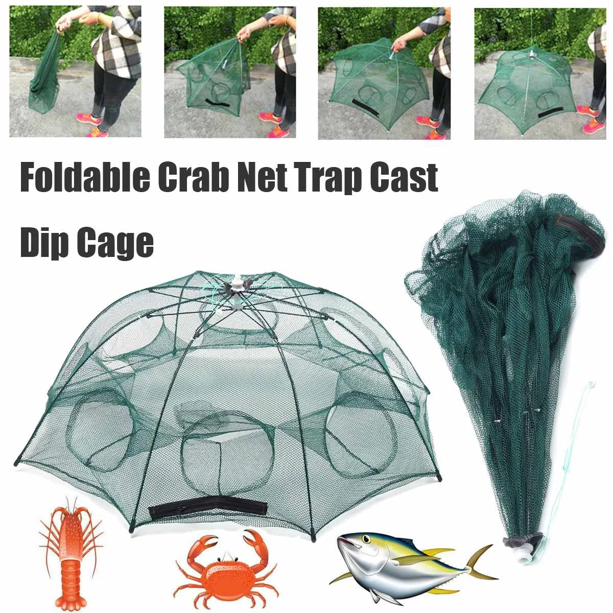 8 Hole Automatic Foldable Crab Net Trap Cast Dip Cage Fishing Bait Fish