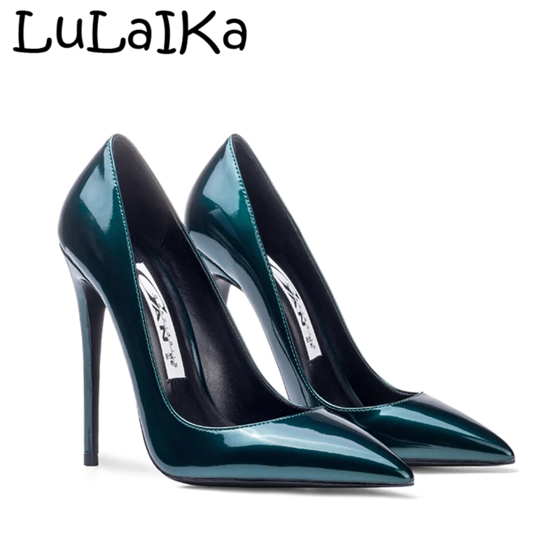 

2018 Winter Woman Super Heel 12 cm Solid Color Pumps Patent Leather Pointed Toe Thin Heel Lady Party Wedding High Heel Shoes