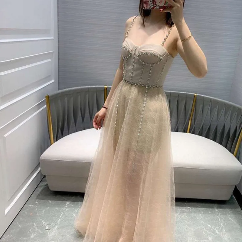 

2019 Summer Party Luxury Diamonds Women Maxi Dresses Runway Sexy Spaghetti Strap Club Dress Mesh Long Dress Clothes