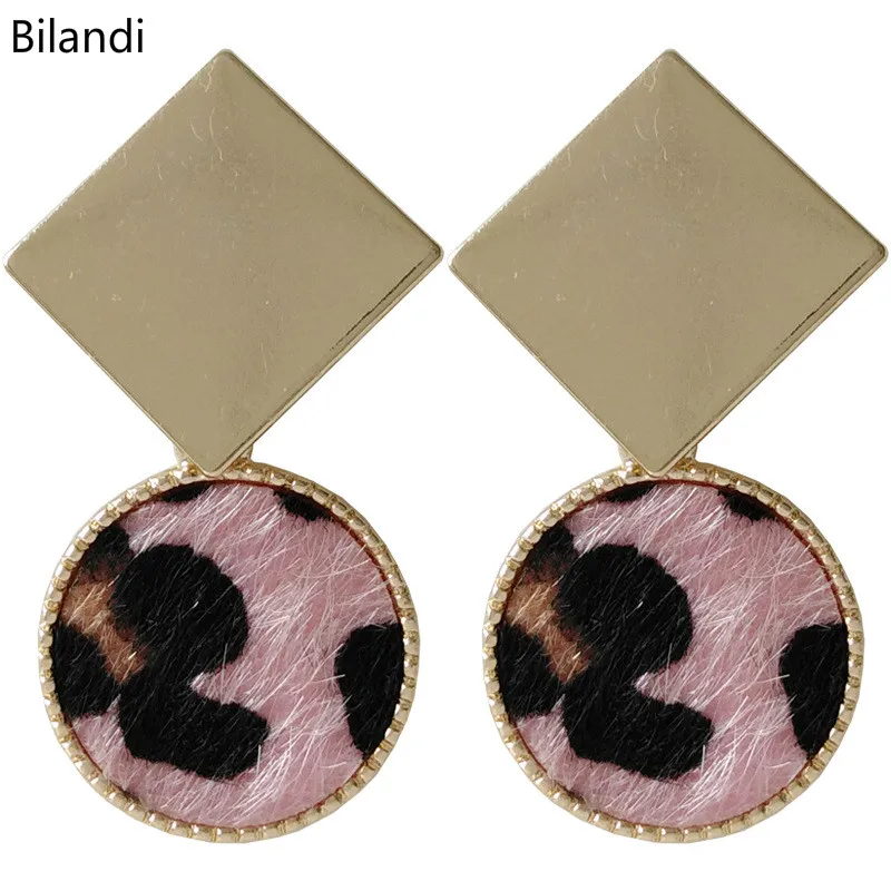 

Fashion metal square with white pink brown leopard pattern stud earrings for woman jewelry