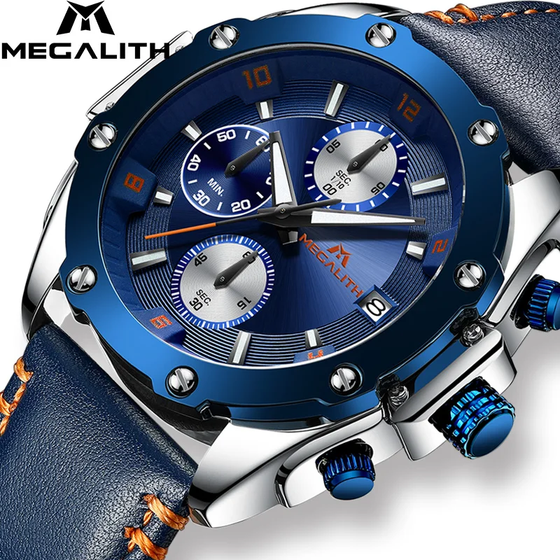 

MEGALITH Sports Chronograph Mens Quartz Watches Men Military Waterproof Blue Genuine Leather Wristswatch For Man Clock