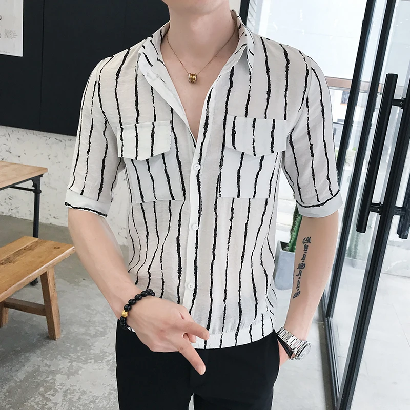 Koop Casual Blouses 2019 Mannen Shirt Jurk Mode Streep Afdrukken Turn Down Kraag Voorvak Ontwerp Shirt Mannen Slim Fit Mannen kleding