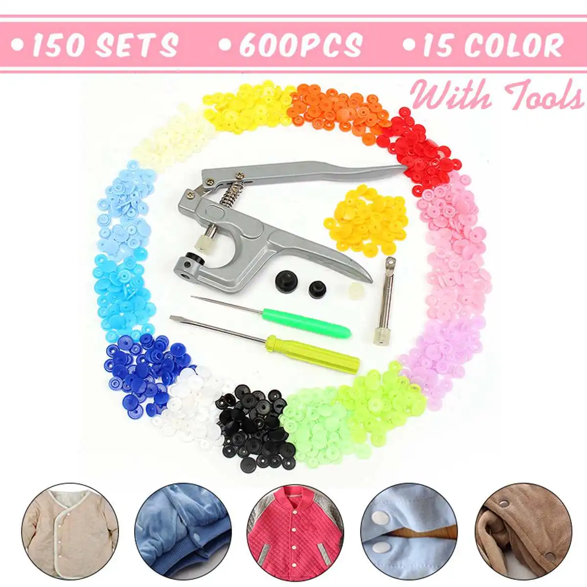 

Cloth Button Fastener Snap Plier Kit with 150pcs Colorful T5 Snap Plastic Buttons Set Crafts Hand Sewing Accessories