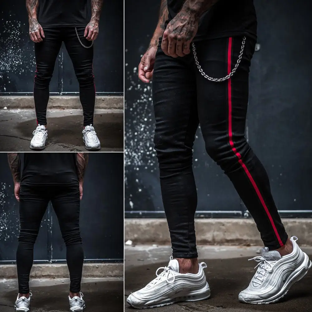 

Men's Stretchy Ripped Skinny Biker Danim Pants Destroyed Taped Slim Fit Pencil Pants