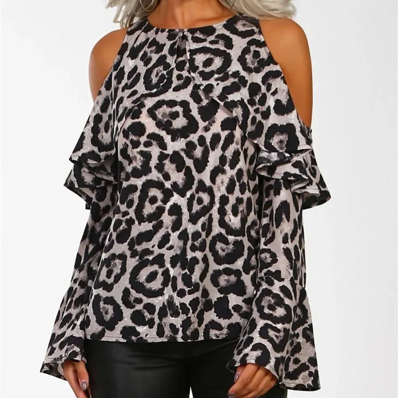 New Women Leopard Print Sexy T-Shirts Off-shoulder O-Neck Ruffles Tees Autumn Winter Flare Sleeve Slim Tops New Women Leopard Print Sexy T-Shirts Off-shoulder O-Neck Ruffles Tees Autumn Winter Flare Sleeve Slim Tops