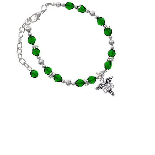 Silvertone Caduceus - DDS Green Beaded Bracelet |
