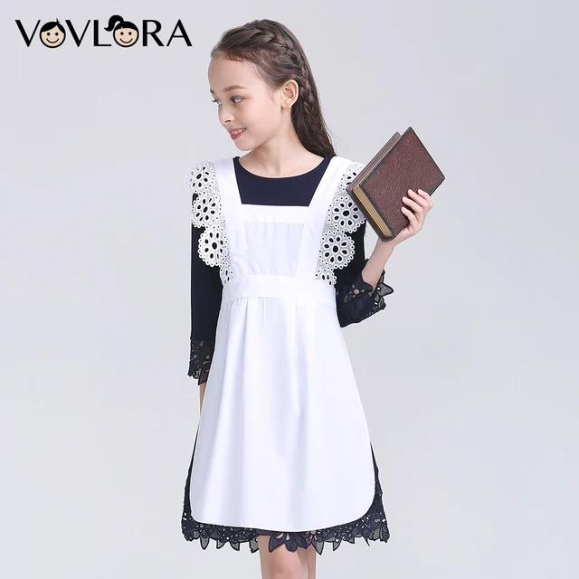 White Girls School Apron Lace Kids Dress Apron Drawstring Formal Autumn
