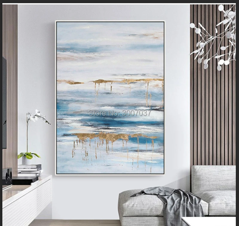 

hand painted gold and blue and white oil painting on canvas abstract pop art modern paintings wall art for home decor