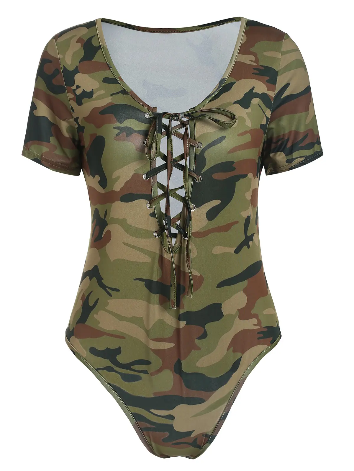 Buy Kenancy Women Lace Up Camo Bodysuit For Women Short Sleeve Lace Up Bowknot