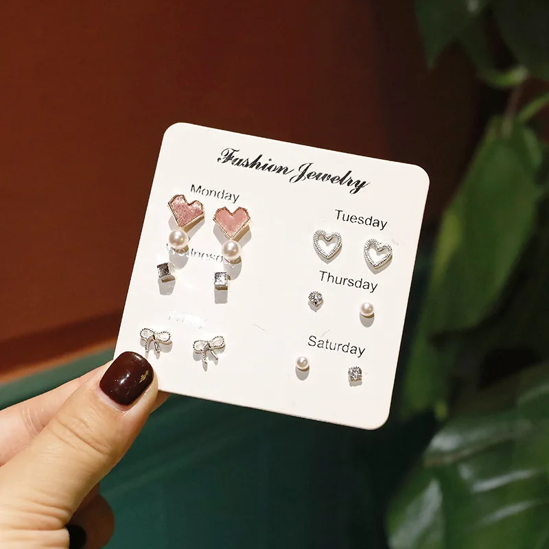 

JCYMONG New Design Monday To Saturday 6pairs/set Stud Earrings Fashion Leaf Stars Heart Crystal Cute Korean Earrings For Women