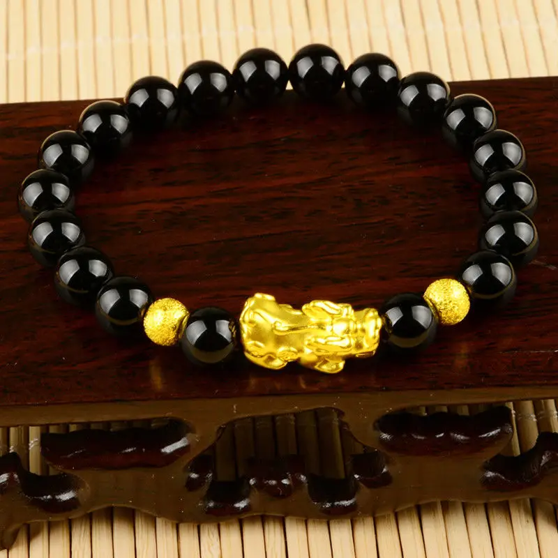 

Solid 24k Yellow Gold Bracelet Pixiu Bead with Black Agate Bead Bracelet