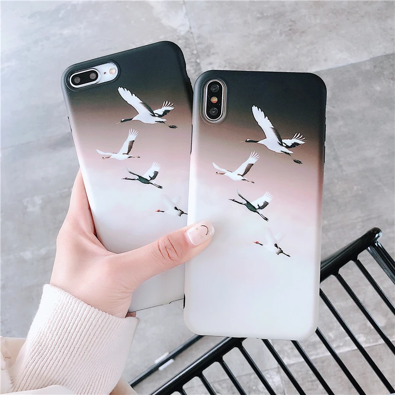3CPizai For iPhone Xs Max XR Cases Retro Japanese crane Apple iphone X 6 7 8 Plus 6s Phone Soft Covers Shockproof |